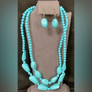 Vintage Double Turquoise Acrylic beaded necklace with matching dangling earrings